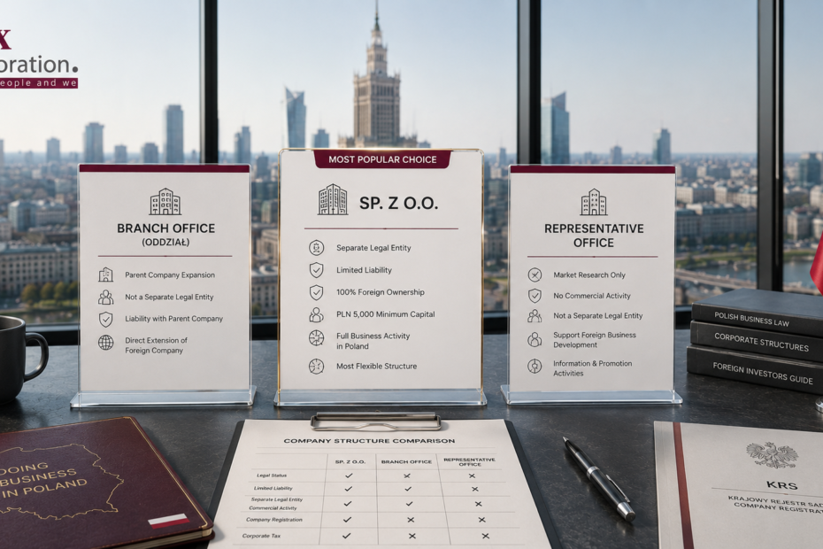 Infographic matrix comparing Polish Sp z o o LLC branch office and representative office corporate structures