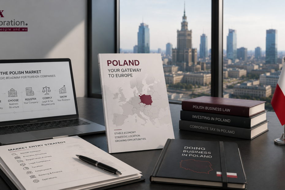 Executive team reviewing Poland market entry strategy and business expansion roadmap for foreign investors
