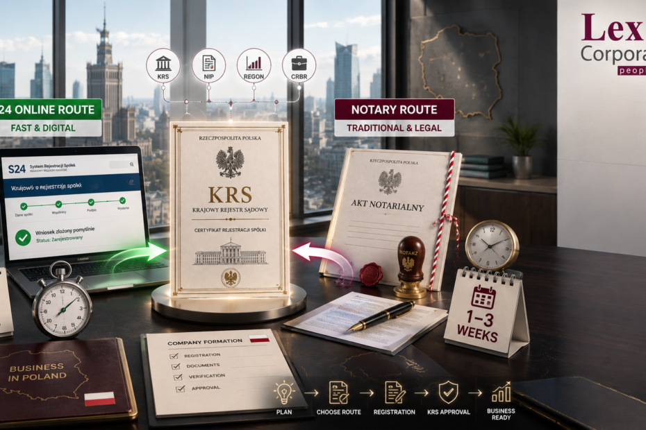 Infographic chart illustrating S24 online vs notary company registration timeline in Poland