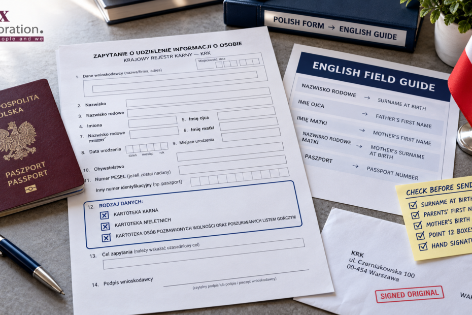 Three-step diagram: signed KRK form and payment proof posted to Warsaw, certificate posted back abroad