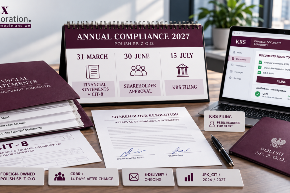 Annual compliance in Poland calendar for a foreign-owned sp. z o.o., showing CIT-8, shareholder approval and KRS filing deadlines
