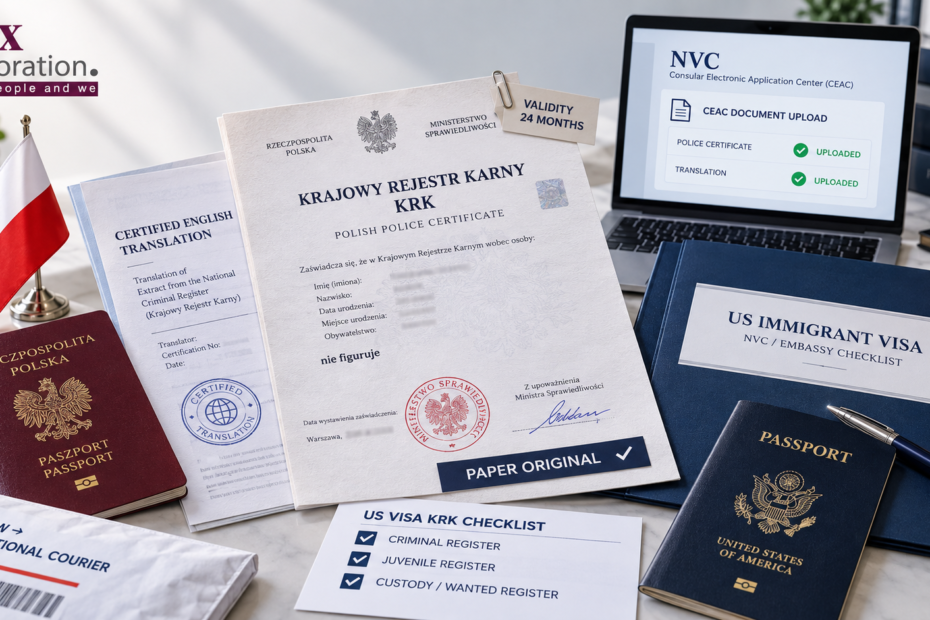 Paper Polish criminal record certificate beside a passport and a visa document folder