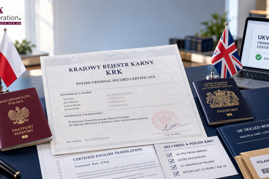 Polish criminal record certificate with an English translation and a passport on a desk