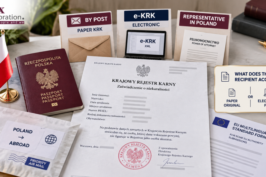 KRK certificate folder beside an international mailing envelope and an EU multilingual form folder.