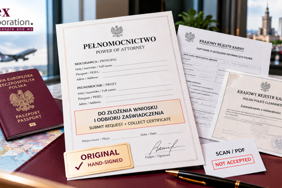 Bilingual Polish and English power of attorney on a desk next to a pen and a passport