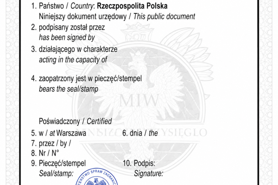 the main authority responsible for issuing Apostille certifications is the Ministerstwo Spraw Zagranicznych (English: Ministry of Foreign Affairs of Poland). Many clients search online for terms such as “MSZ Apostille,” “Warsaw Apostille,” “Fast Apostille Warsaw Poland,” or “Poland MSZ Apostille” when looking for professional support with document legalization procedures.