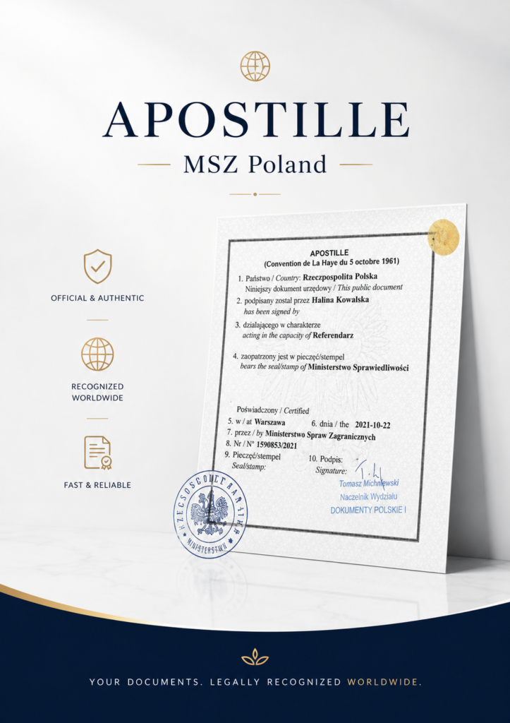 In Poland, the main authority responsible for issuing Apostille certifications is the Ministerstwo Spraw Zagranicznych (English: Ministry of Foreign Affairs of Poland). Many clients search online for terms such as “MSZ Apostille,” “Warsaw Apostille,” “Fast Apostille Warsaw Poland,” or “Poland MSZ Apostille
