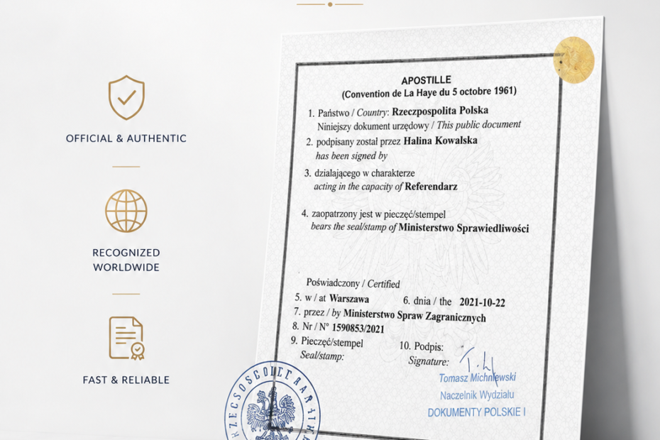 In Poland, the main authority responsible for issuing Apostille certifications is the Ministerstwo Spraw Zagranicznych (English: Ministry of Foreign Affairs of Poland). Many clients search online for terms such as “MSZ Apostille,” “Warsaw Apostille,” “Fast Apostille Warsaw Poland,” or “Poland MSZ Apostille