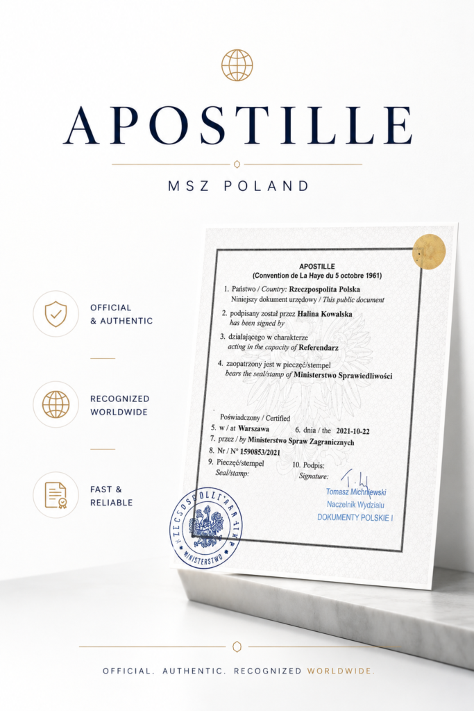 Professional Apostille services in Warsaw help individuals and companies save time by handling the entire process, including document verification, preparation of applications, coordination with the relevant authorities, and courier delivery. Fast Apostille Warsaw Poland services are especially useful for urgent business, visa, academic, immigration, and corporate matters.