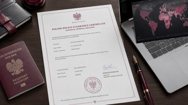 Professional document package with a Poland Police Clearance Certificate (KRK) and Apostille.