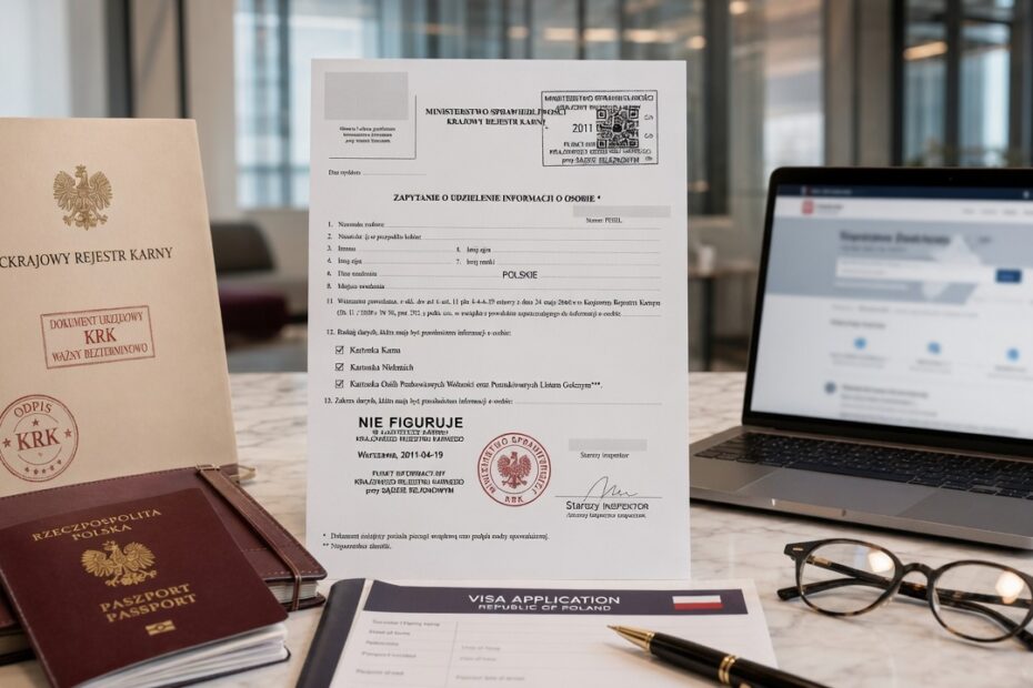 Official application form for a Polish Criminal Record Certificate Poland at the KRK office.