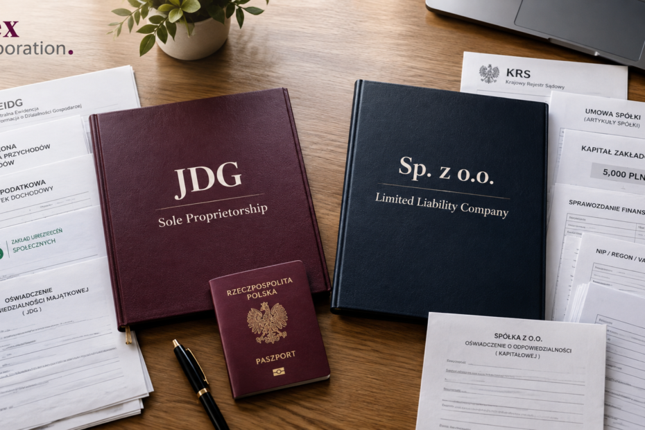 Corporate founders discussing Sp. z o.o. vs sole proprietorship Poland registration locally.