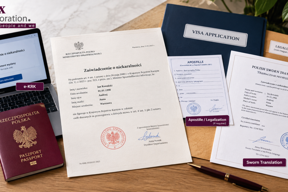 Poland police clearance certificate Poland for visa – KRK document and passport on desk.